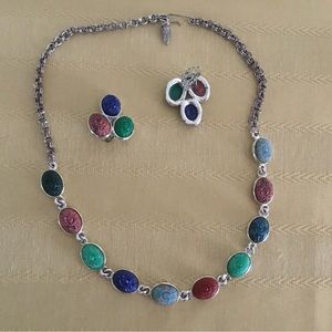 HOST PICK- VINTAGE  SILVER  SCARABS  NECKLACE 18” & CLIP EARRINGS
